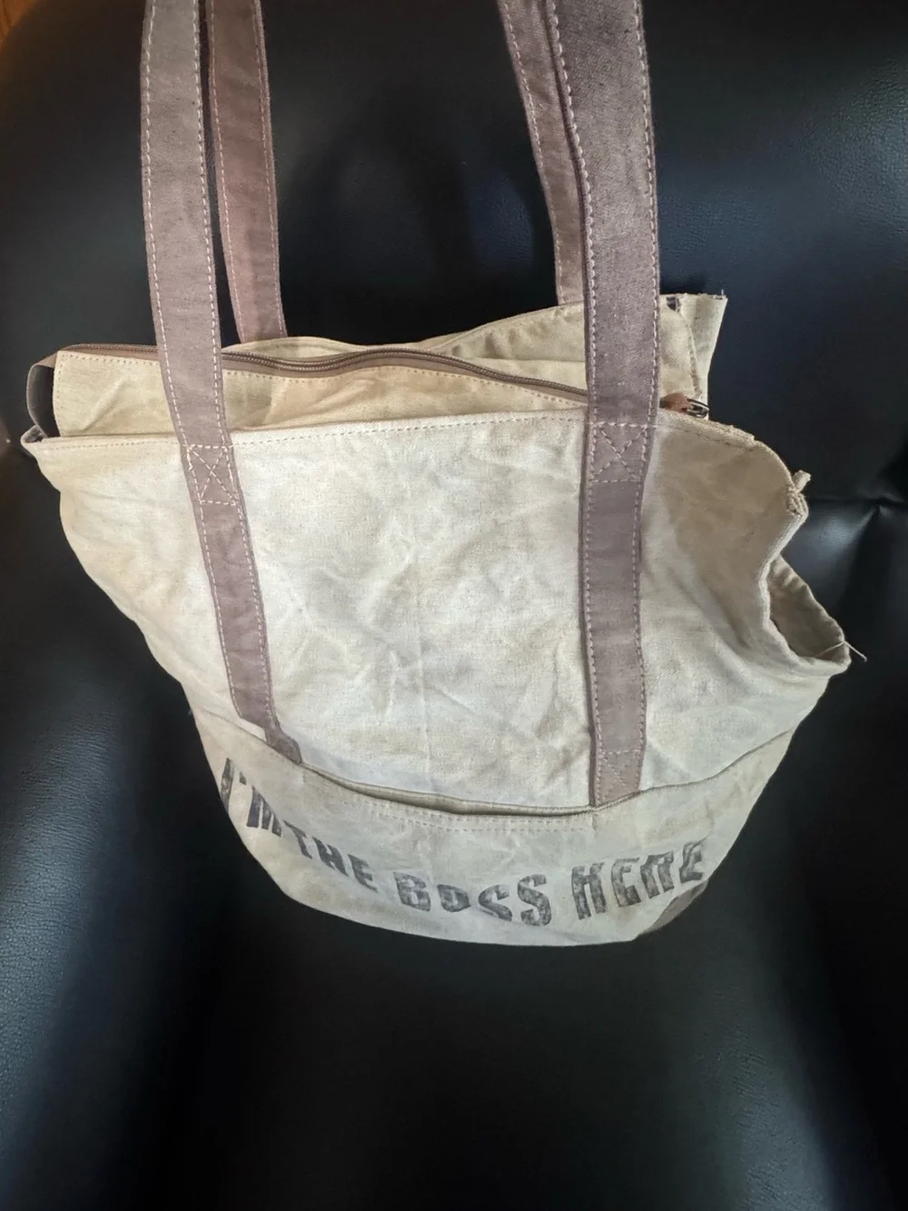 Pet Carrier Canvas Tote Bag with 'I'M THE BOSS HERE' Print - Beige/Brown